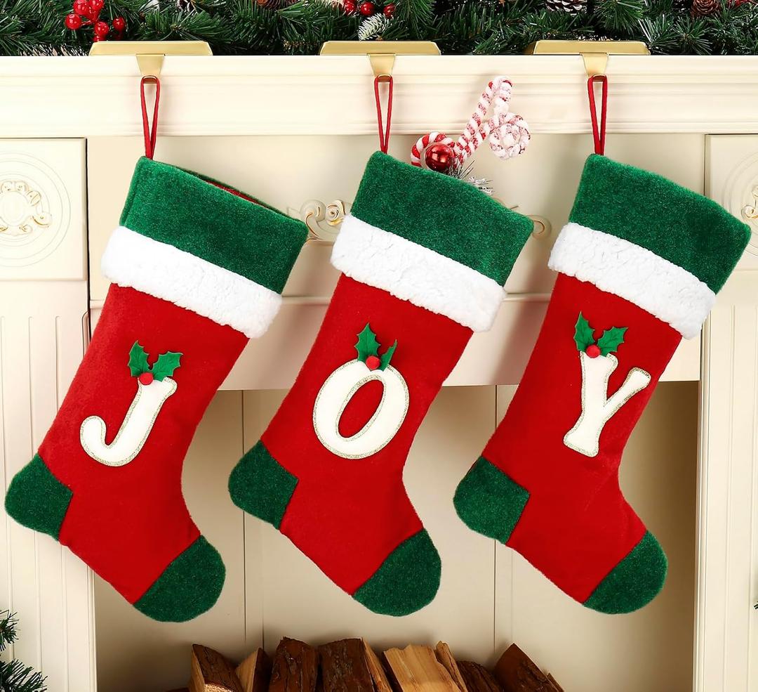 3 Pack Christmas Stocking Red Xmas Stocking, 18 Large Joy Chrsitmas Socks- Xmas Stocking for Holiday and Family Stocking for Fireplace Party Decoration (Red and Green Joy)