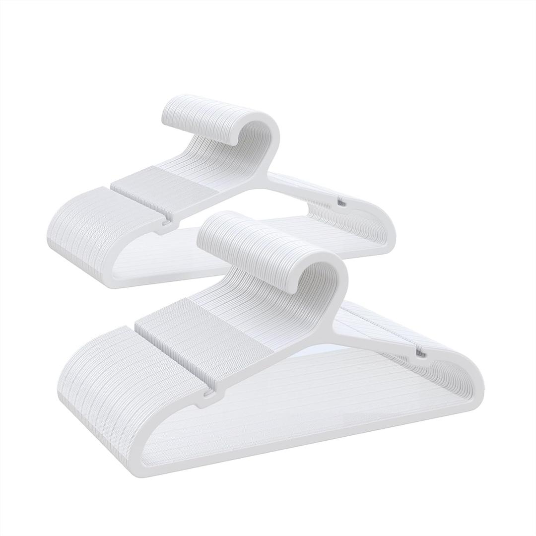 ABHENG Plastic Kids Hangers, Pack of 100, Ultra Slim Closet Hangers, Non-Slip, Space-Saving, Sturdy, 14" W x 7" H (for Children Aged 7-12 Years), White, UAPY07100W