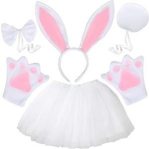 AMOR PRESENT 5PCS Easter Bunny Costume Kids, Bunny Ears Headband Bowtie Paws Tail Cosplay Accessories for Easter Party Supplies