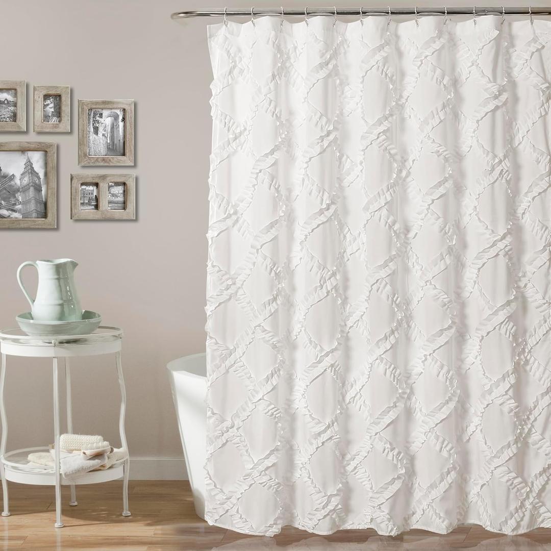 Lush Decor Ruffle Diamond Shower Curtain 72"L x 72"L White - Fabric Shower Curtains for Bathroom - White Bathroom Curtain - Vintage Farmhouse Decor