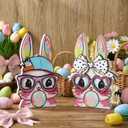 Leinuosen 2 Pcs Easter Decorations Coquette Bow Wooden Bunny Couple Happy Easter Table Centerpiece Signs, Cute Rabbit with Glasses Wood Decor for Home Office Gifts Party Supplies