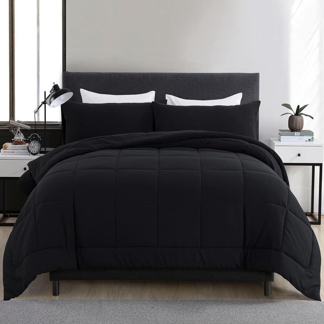 DOWNCOOL Full Size Comforter Sets -All Season Bedding Comforters with 2 Pillow Cases -3 Pieces Bed Set Down Alternative Comforter -Black Bedding Sets (82"x86")