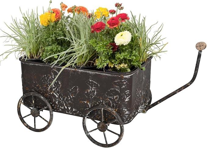 Vintage Flower Cart with Wooden Handles Metal Wagon Planter Brown Outdoor Plants, Garden Planter with Wagon Wheels, Decorative Wheelbarrow, Plant Cart, The garden planters size: 9.06"D x 12.8"W x 7.28"H