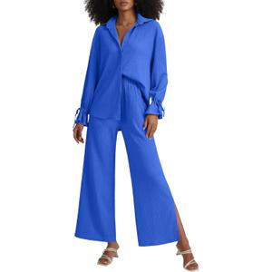 LYANER Women's 2 Piece Outfits Button Down Long Sleeve Shirt and Wide Leg Pants Set (XX-Large, Pure Royal Blue)