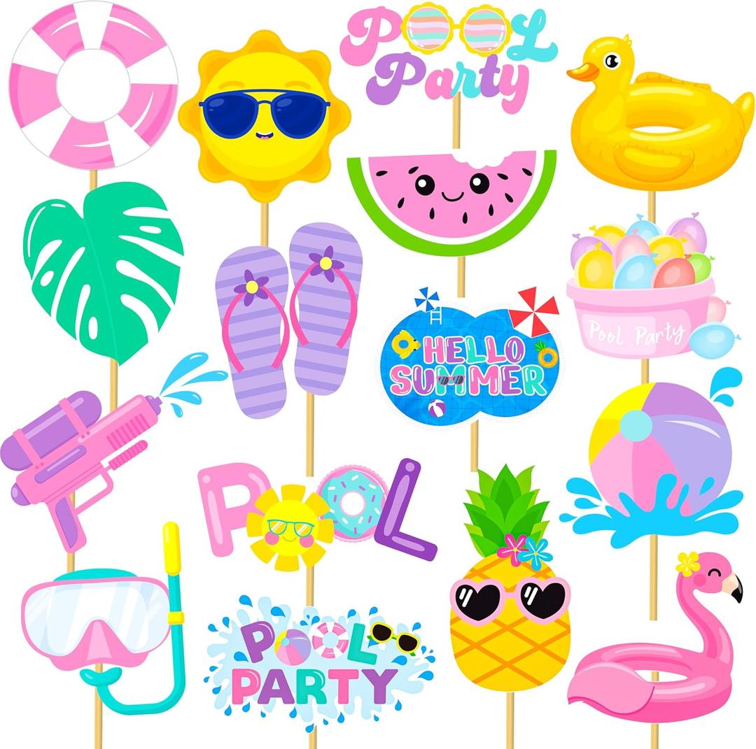 18pcs Summer Pool Party Centerpiece Sticks Pool Theme Birthday Party Decorations for Girls Hello Summer Party Table Toppers for Beach Pool Hawaii Luau Party Supplies