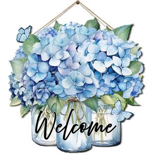 COLOR VALLEY ART Welcome Sign Front Door Decor, Hydrangea Decor Farmhouse Wall Signs Decorations for Porch, Home, Housewarming Gift for New House Home Apartment, Wooden Florals Door Hanger (Blue-12.9L''x12.9W'')