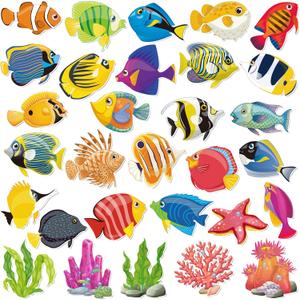 Nezyo 200 Pcs Tropical Fish Cutouts Sea Life Cut Outs Ocean Animal Accents Fish Cut-Outs Paper Colorful Under The Sea Party Classroom Bulletin Board Decorations with 400 Glue Points