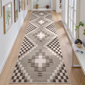 Beeiva Checkered Boho Carpet Runners for Hallway 10 ft, Non Slip Washable Rug Runner for Kitchen 2.5x10, Farmhouse Ultra Thin Checkerboard Extra Long Rugs for Hallway Entryway Bathroom, Khaki (Brown)