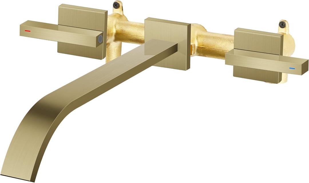 Wall Mount Tub Filler AUU Brushed Gold Bathtub Faucet Long Spout Reach, 2 Level Handles Wall Mount Tub Faucet with Brass Rough in Valve Included