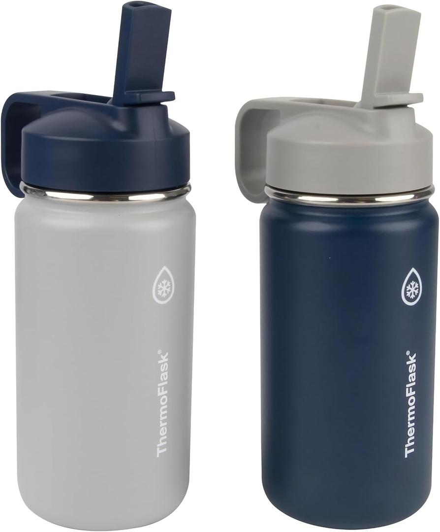 ThermoFlask Kids 14 oz Insulated Water Bottles with Straw Lid BPA-Free Stainless Steel Leakproof & Spill-Proof Design Easy Clean Wide Mouth 2-Pack for School, Sports, Playdates, Harbor Grey/Denim