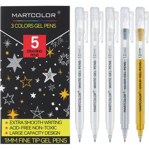 4 x Gold Silver White Gel Pens, 5 Pack, 1 mm Extra Fine Point 3 Colors Gel Ink Pens Set, Opaque White Archival Ink Pens for Black Paper Drawing, Sketching, Illustration, Card Making (Multicolor)