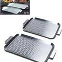 Grill Pan Set of 2, BBQ Grill Topper for Outdoor Grill, Stainless Steel Grilling Baskets with Holes and Handles, Perforated Food Tray Barbecue Accessories for Vegetable, Fish, Meat, Seafood