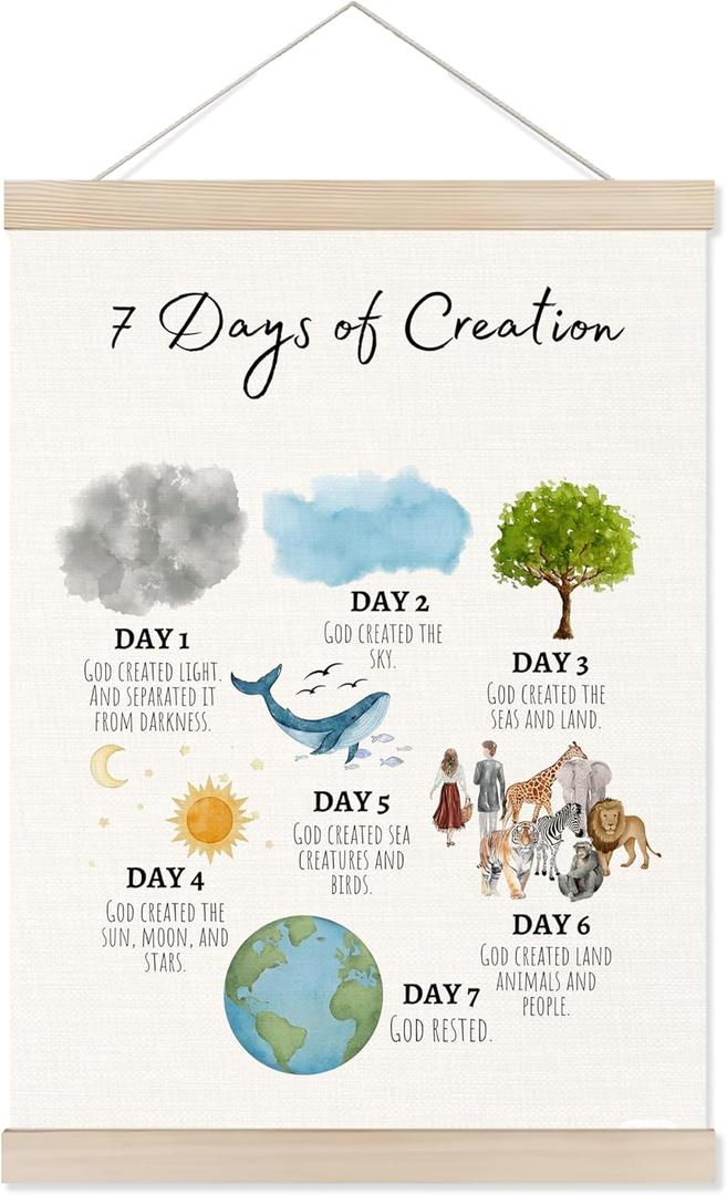 Christian Nursery Poster Hanger Frame, 7 Days of Creation Bible Verse Religious Educational Wall Art Prints Decor for Kids Room Church Nursery Sunday School Classroom, 12x16 Inch