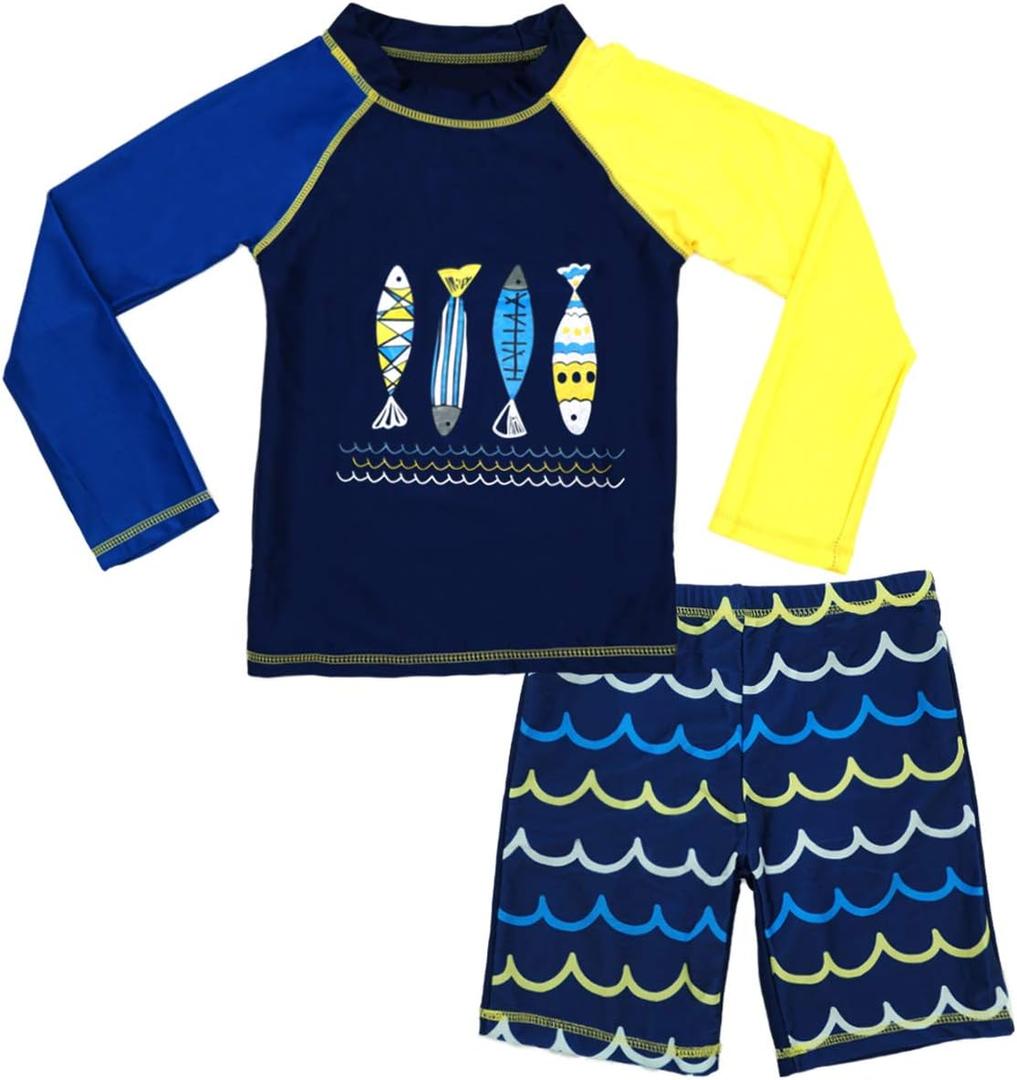 Boys Two Piece Rash Guard Swimsuits Kids Long Sleeve Sunsuit Swimwear Sets, Size 7T