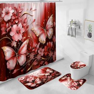 4 Pcs Red Floral Butterfly Shower Curtain Set with Non-Slip Rugs, Chic Bold Toilet Lid Cover and Bath Mat, Elegant Luxury Bathroom Decor Set (Hooks Not Included)