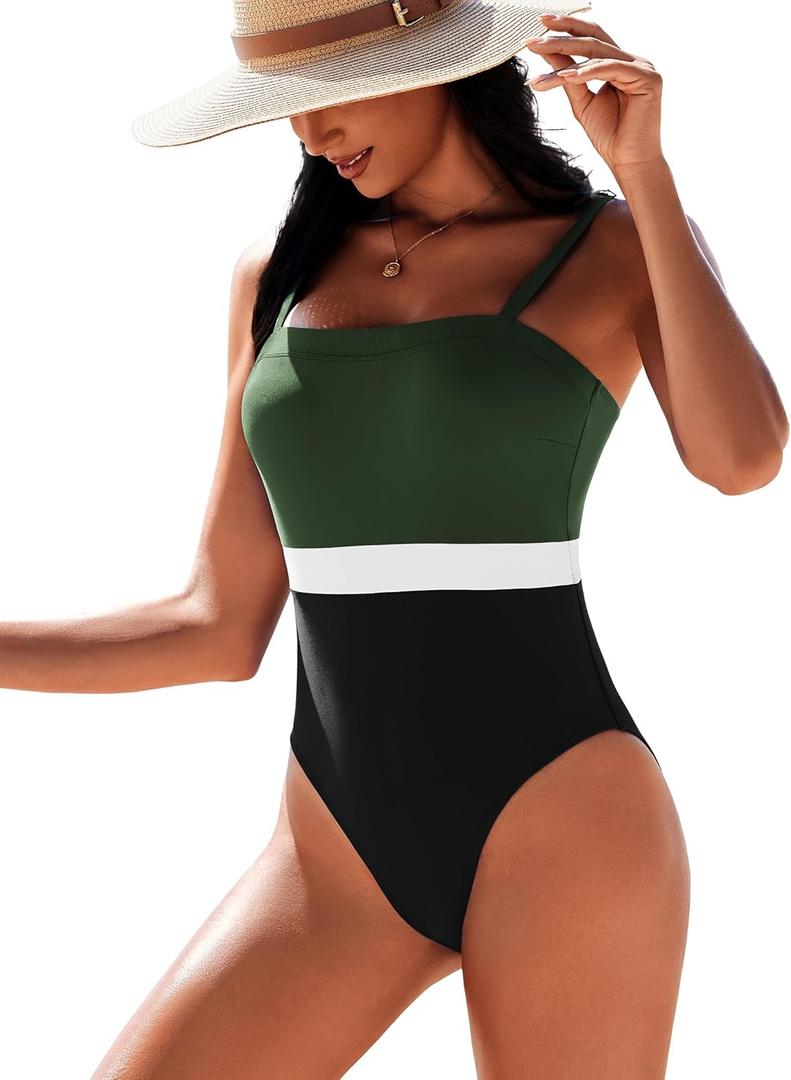 AI'MAGE Women's One Piece Swimsuit Color Block Bathing Suit Square Neck Swim Suits Vintage Retro Swimwear, Green Black, Large