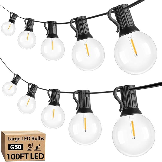 Svater Outdoor String Lights 100 FT, Patio Lights with 50 Shatterproof LED Bulbs, Commercial Grade Waterproof Plastic Hanging Light for Bistro Backyard Cafe Market, Warm White 2700K (100 FT) 4 Replacement Bulbs