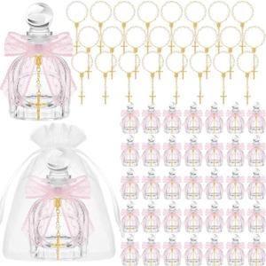 Chuangdi 24 Sets Holy Catholic Water Bottles Bulk Baptism Favors for Guests Catholic Christian Glass Bottles,Gold Cross Bracelet Organza Bags, Ribbon for Church Wedding Baptism Gift (Lace Bow,Pink)