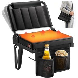 Heated Stadium Seats with Back Support for Bleacher, Portable 5-Angle and Adjustable Height Thick Cushion Seat with Cup Holder Storage Bag, Includes Shoulder Strap, Used for Sports Events and Concerts