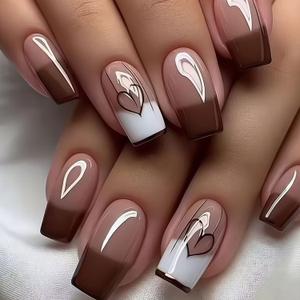 French Tip Heart Press on Nails Medium Square Translucent Black Love Fake Nail Full Cover Glossy False Nails Handmade Valentines Stick on Nail Artificial Fingernails for Women Festival Manicure