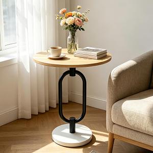 Lightdot Walnut Round Side Table Modern End Table Stable Small Sofa Side Table Metal Base Integrated Accent Coffee Table Easy Assemble Nightstand for Living Room Bedroom