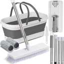 Flat Mop and Bucket Set with Heavy Duty Scrub Brush, 2 Washable Reusable Microfiber Pads, for Tile Hardwood, Wall Cleaning, Home Indoor or Outdoor Cleaning (White-Gray) (5Pcs)