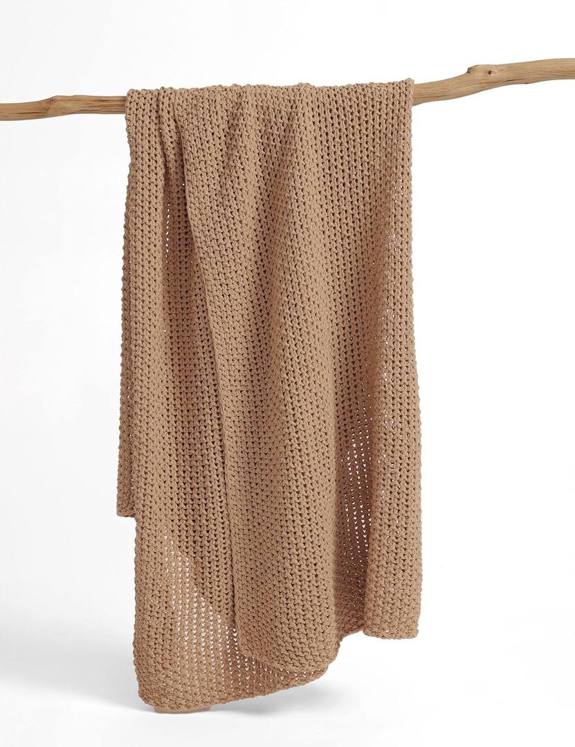 Chunky Cotton Knit Throw Blanket, Light Weight Cable Knit Throws for Bed Couch Sofa, Comfy & Relaxing, Decorative Piece for Farmhouse Modern Rustic Scandinavian Chic Vibe, Beige 50x60 Inches (50 x 60 Inch)