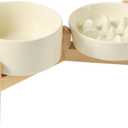 Havniva 6.1 Raised Slow Feeder Dog Bowls Set, 0.9 Cups Ceramic Slow Feeder Dog Bowl and 6.1 Dog Water Bowl with Elevated Wooden Stand Puzzle Dog Food Bowl for Small Dogs Anti-Gulping & Anti-Choking (2 x Light Yellow+Stand-C)