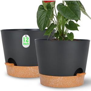 Plant Pots Self Watering Planters with Drainage Hole and Reservoir Large Flower Planting Pots for Indoor Outdoor Plants Plastic Succulent Pot Gift Idea 2 * 12Inch (Black)