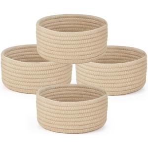 Dahey 4 Pcs Small Woven Baskets Set, Mini Cotton Rope Storage Bins for Organizing, Cute Tiny Round Decorative Baskets for Toys, Nursery Living Room Bathroom Home Decor, Beige