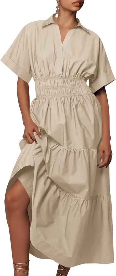 Wenrine Womens Summer Short Sleeve Maxi Dresses Casual V Neck Smocked Loose Tiered Flowy Shirt Dress with Pockets (Size Large, Khaki)
