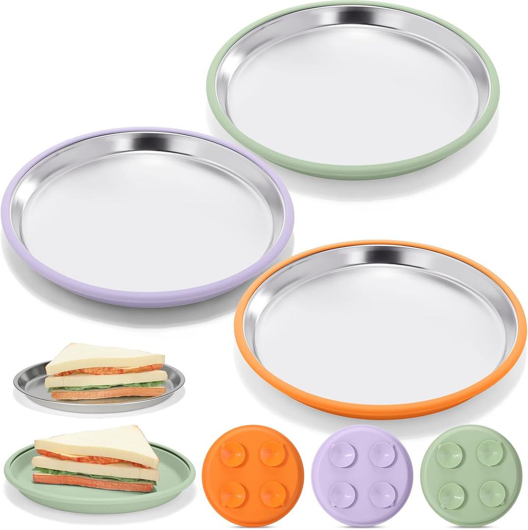 Nuogo 304 Stainless Steel Toddler Plate with Suction 9" Metal Plates with Removable Silicone Shell for Kids Non Slip Unbreakable Toddler Dinner Snack Dish for Dishwasher(3 Pack,Green,Purple,Orange)