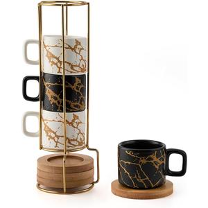 LUKA Porcelain Espresso Cup with Saucer and Metal Stand, 4 Ounce Stackable Ceramic Demitasse Espresso Mugs Cups Set for Latte, Specialty Coffee Drinks, Cafe Mocha - Set of 4, White & Black