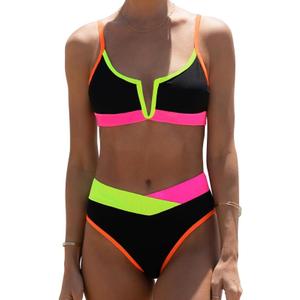 HYTENSUN Women's High Waisted Colorblock V Cut Bikini Ribbed V-Wired High Cut Cami Two Pieces Swimsuit XL 