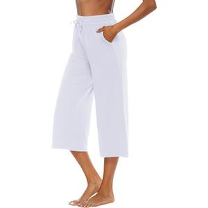 OYANUS Capris for Women Casual Summer Loose Comfy Drawstring Wide Leg Capri Pants with Pockets (White, M)