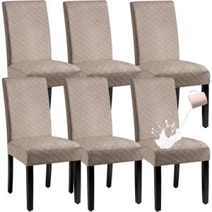 Waterproof Dining Chair Cover,Spandex Fabric Fit Stretch Chair Slipcover,Removable Washable Jacquard Parsons Chair Covers (Khaki,Set of 6)