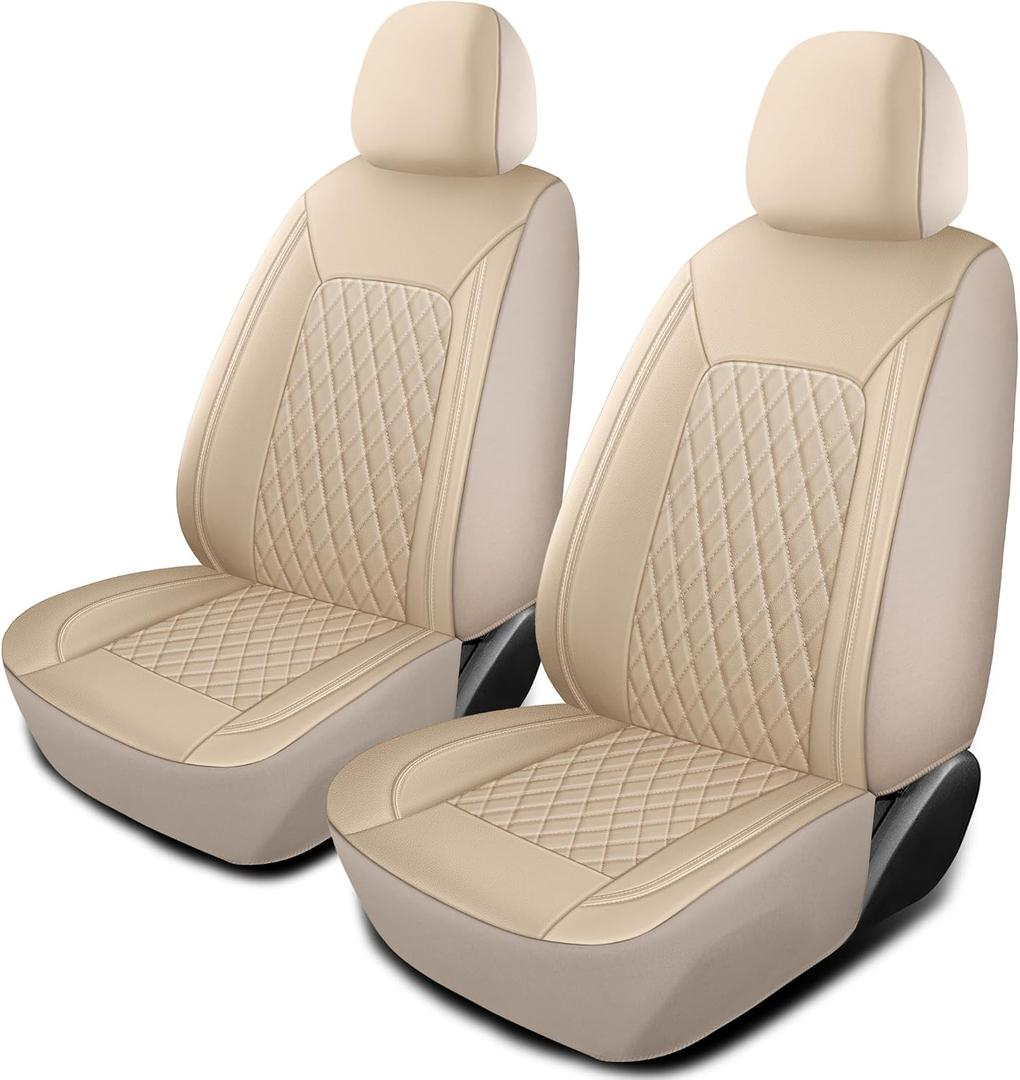 HChengkikz Car Seat Covers, Breathable and Waterproof Leather Seat Covers, Luxury PU Universal Fit Automotive Airbag Compatible for Most Cars Sedans SUV and Truck (2 Pieces, Front Seat, Beige, N1)