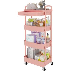 Calmootey 4-Tier Rolling Utility Cart with Drawer, Multifunctional Storage Organizer with Plastic Shelf & Metal Wheel, Storage Cart for Kitchen, Bathroom, Living Room, Office, Pink