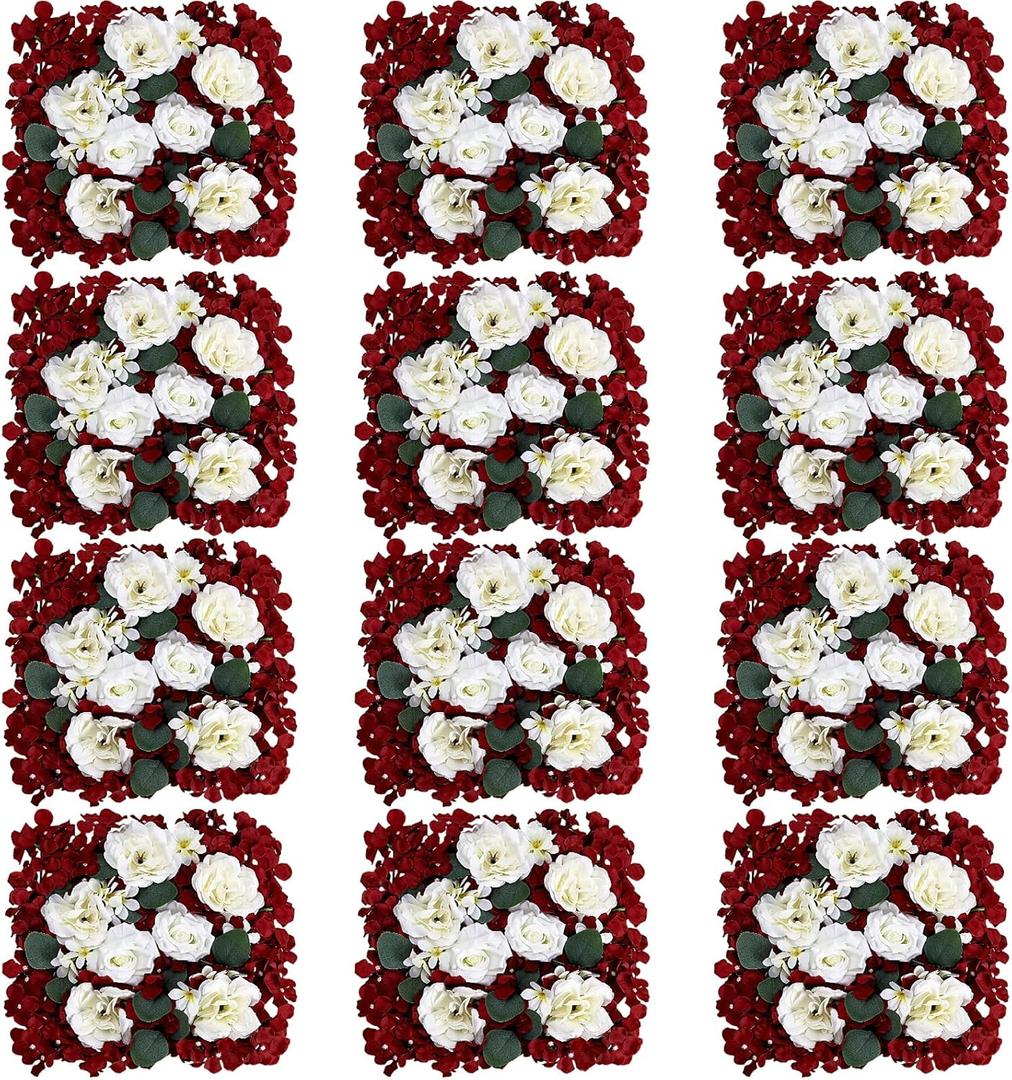 Flowers Wall Backdrop - 12 PCS 15 X 15 inch Artificial Silk Floral Panels for Wedding Celebrations Bridal Shower Event Birthday Party Home Photography Background Decoration - Burgundy & White
