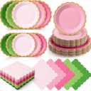 Zhehao 150 Pcs Summer Guava Plates and Napkins Tableware Serves 50 Includes 9 Inch 7 Inch Pink and Green Scalloped Wave Edges Paper Plate and Napkins for Wedding Birthday Baby Shower Party