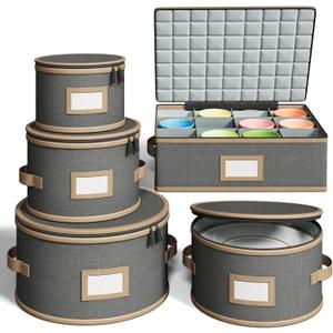 Hard Shell China Storage Containers – 5 Piece Set for Storing Dinner Plates, Salad Plates, Mugs, Quilted Dividers for Safe Moving and Seasonal Storage, Grey with Brown Edging