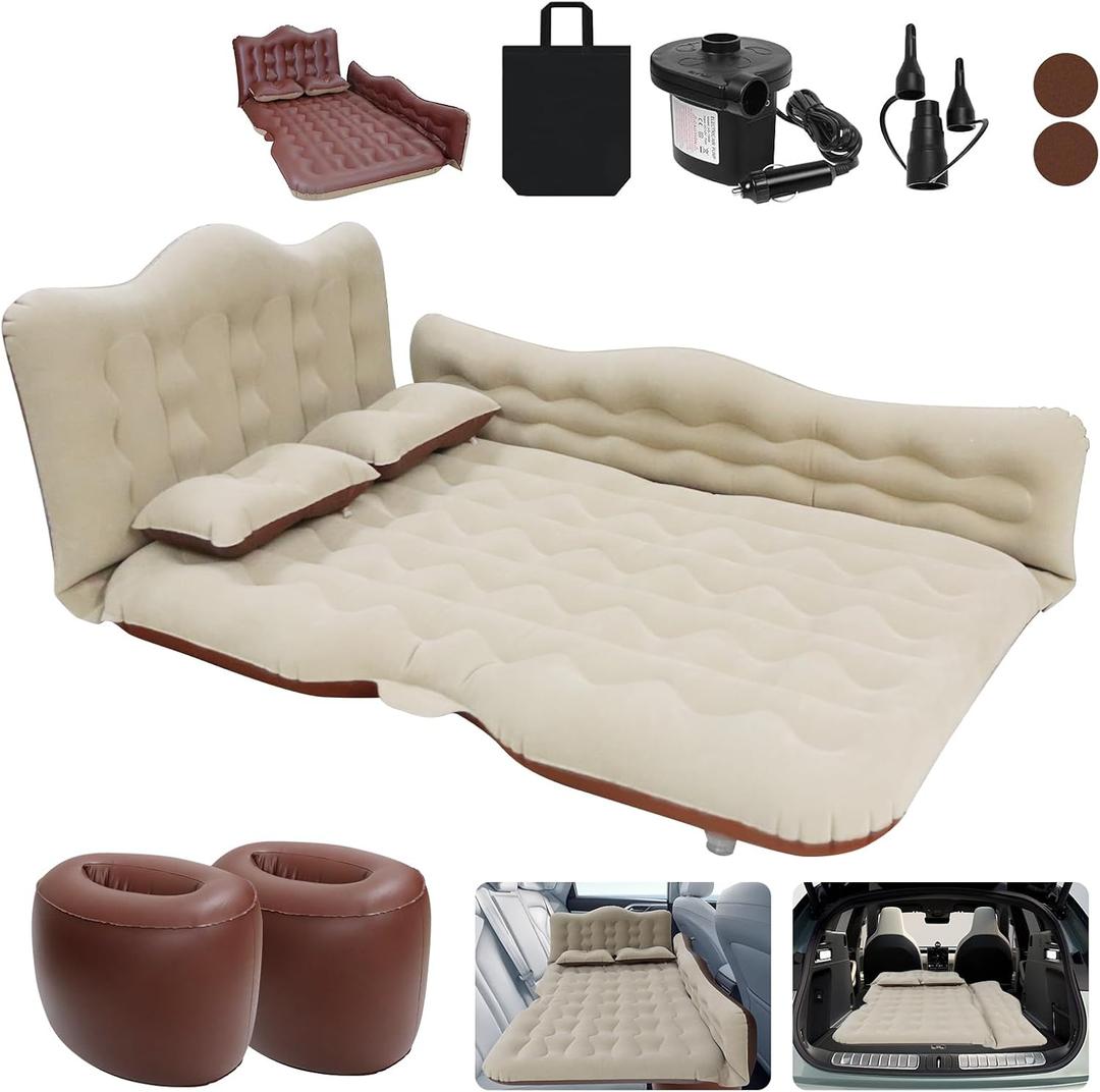 Car Bed SUV Air Mattress, Car Air Mattress with Electric Pump, 2 Inflatable Pillows and 2 Footrests for Back Seat, Side Seat,Trunk Sleeping, Thickened Camping Bed - Brown