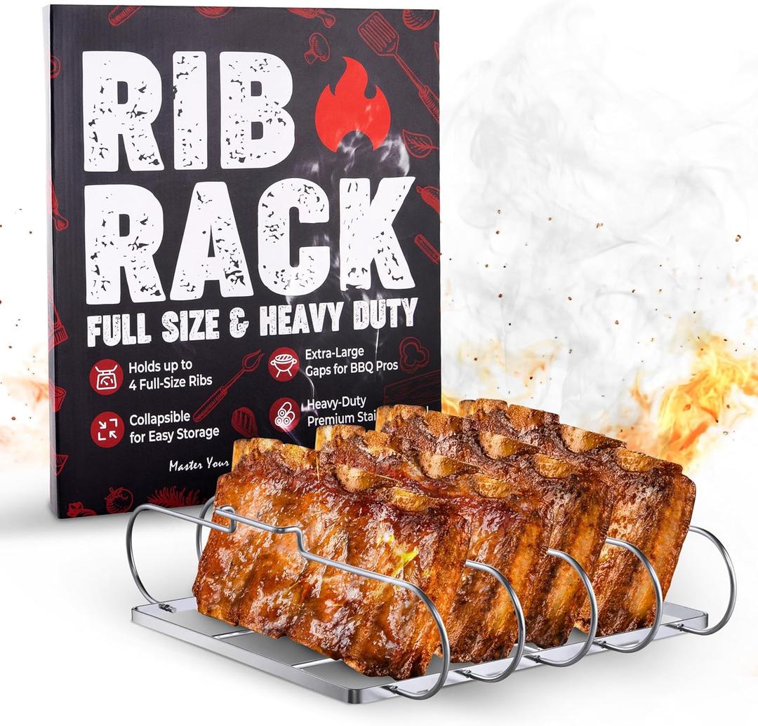SHIZZO Rib Rack for Smoking & Grilling, Holds up to 4 Full Racks of Ribs, Foldable Design, Fits Large Gas Smoker or Charcoal Grill, Perfect BBQ Accessory, Smoker Accessories, Gifts for Men, Father