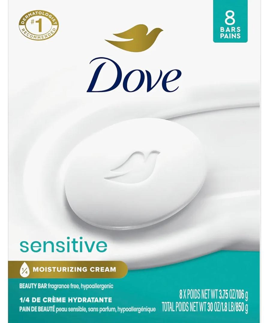 Dove Beauty Bar Soap Sensitive, 8 Bars for Sensitive Skin, Fragrance Free and Hypoallergenic 3.75 oz