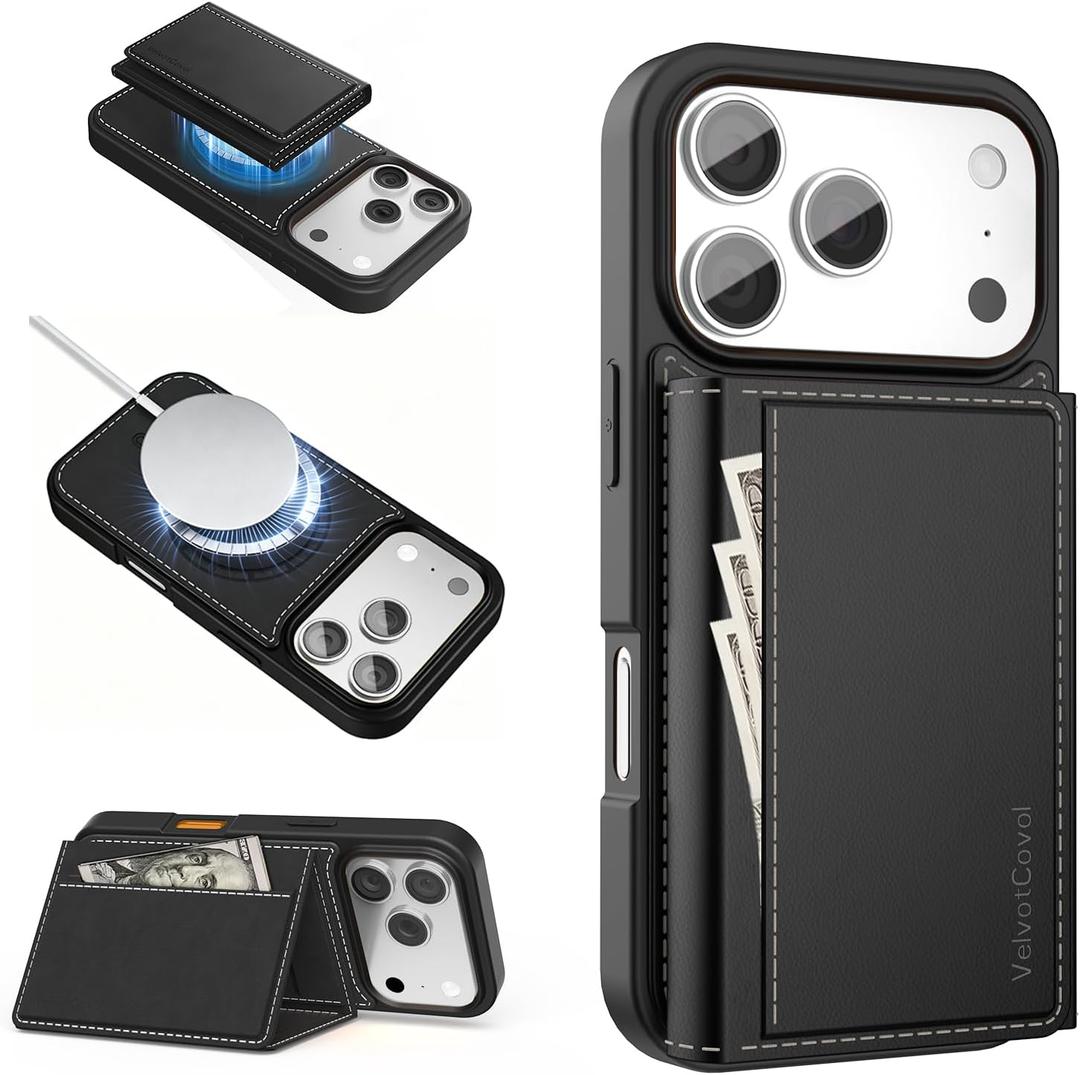 Compatible with Magsafe 2 in 1 Detachable iPhone 17 Pro Wallet Case with Card Holder, Women Men 3 Credit Card Slots Magnetic PU Leather RFID Blocking Flip Kickstand, for Apple 17 Pro, Black