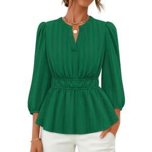 ZESICA Women's 2026 Fall Babydoll Peplum Tops V Neck Puff 3/4 Length Sleeve Shirts Dressy Casual Blouses (Green, S)