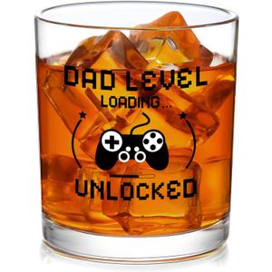 2 x New Dad Gifts, Dad Level Unlocked Whiskey Glass, Fathers Day Gift for New Father Men Husband Him from Wife Son, First Time Daddy Soon to Be Gifts, 10Oz (Transparent)