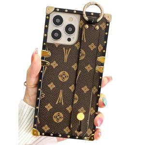 Dropcases Compatible with iPhone 16 Pro Case Luxury Designer for Women Girls,Rectangle Leather with Wristband Strap Holder Protective Phone Cover for iPhone 16 Pro - 6.3 inch (Brown)