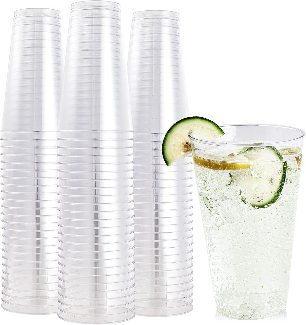FOCUSLINE 100 Pack 16 oz Clear Plastic Cups, Disposable Cups Large Reusable Plastic Tumblers, Heavy-duty Clear Hard Cups 16 Ounce for Wedding Party, Thanksgiving, Halloween, Christmas