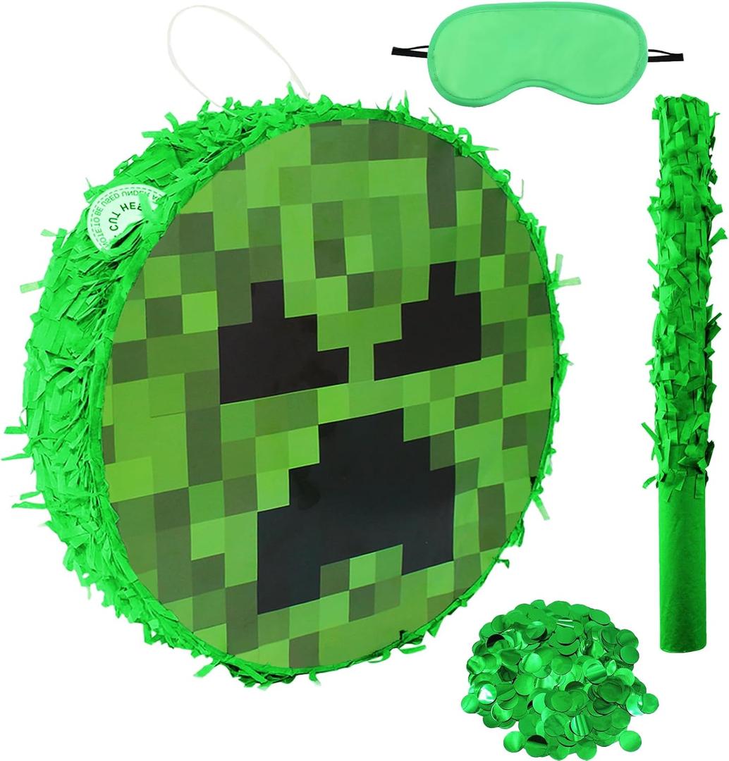 Mini Round Green Pixel Pinata with Stick Blindfold,Birthday Pixel Pinata,Solid Color Circle Party Decoration for Pixel Party Birthday Party Halloween Decorations
